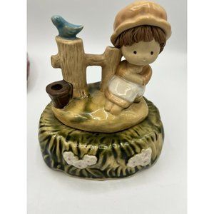 Vintage Girl Music Box UCTCI Japan “Blue On Blue” Blue Bird Flowers Lady And Hat